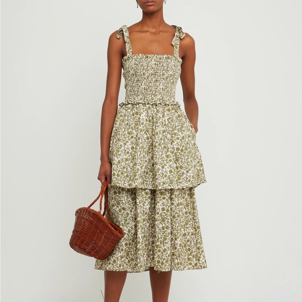 Green Floral Cotton Tiered Midi Dress
